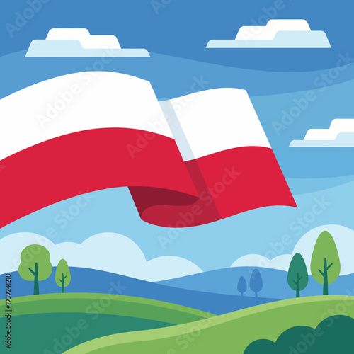 A colorful representation of the Polish flag gently waving in a picturesque landscape, embodying the spirit and pride of Poland amidst serene hills and clear skies.