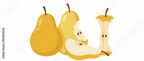 This image features a group of fresh yellow pears, showcasing whole and sliced varieties along with a pear core, emphasizing their natural shape and texture on a white background.