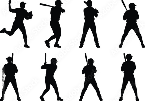 Group of eight black silhouette vector graphics depicting baseball athletes in diverse poses, capturing the intensity of pitching and batting on a plain white background.