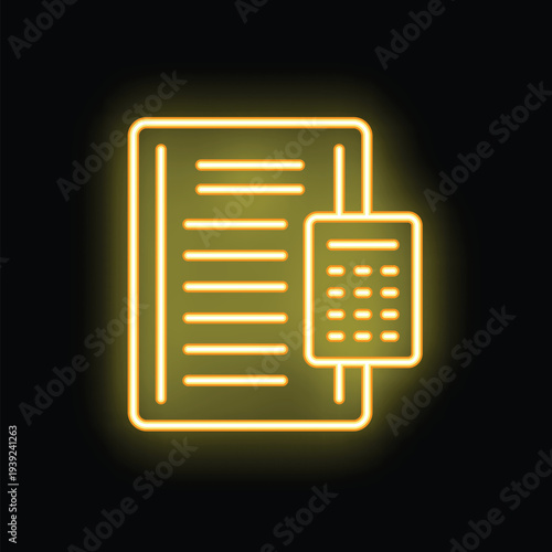 Bright neon icon of a calculator calculating a spreadsheet is shining on a black wall