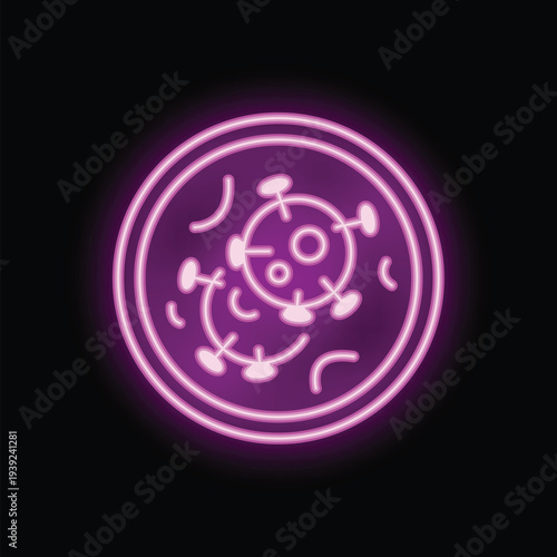 Neon style icon of a virus penetrating a cell and beginning the process of replication