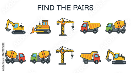 Construction vehicles matching game illustration with colorful graphics  