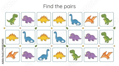 Colorful dinosaur memory game cards for educational fun  