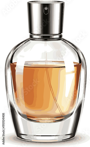 Create a realistic Perfume, model, container, bottle vector art with white background.