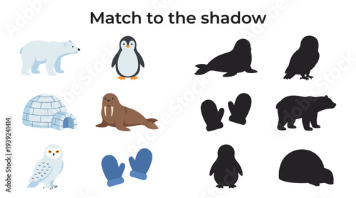 Animals and shadows matching game for children in winter theme  