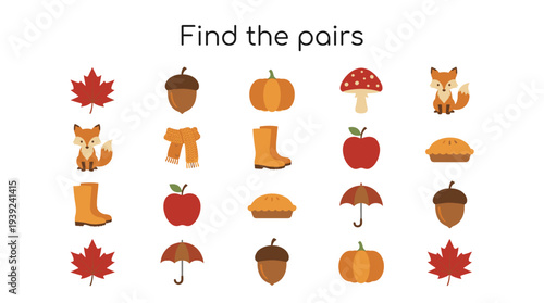 Fall-themed illustration with autumn objects and animals for matching game  