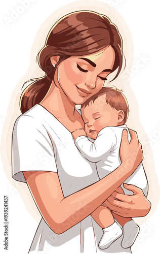 Create a realistic mother, child, warm, model vector art with white background..