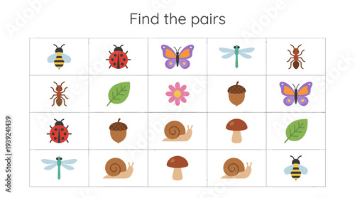Colorful memory game grid with insects and nature elements  