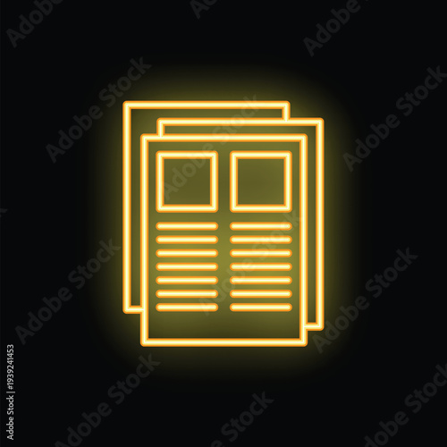 Neon icon of a stack of newspapers glowing yellow against a black background