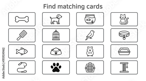 Animal matching game cards featuring pets and accessories  