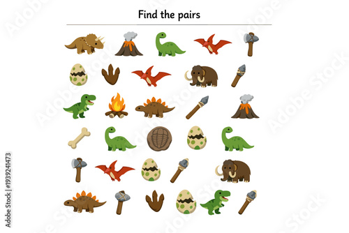 Cartoon dinosaur pairs game with volcanoes and prehistoric items  