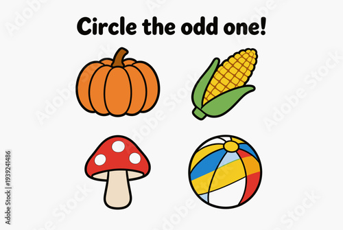 Fun children's activity showing pumpkin, corn, mushroom, and beach ball  