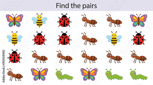 Colorful educational game with insects for kids' memory training  