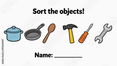 Kitchen and tool items for sorting activity in educational setting  