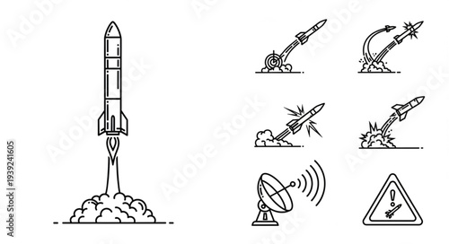 Rocket launch and missile attack icons set.
