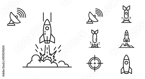 Rocket launch and satellite communication icons set.