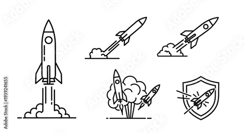 Rocket launch and space exploration icons set.