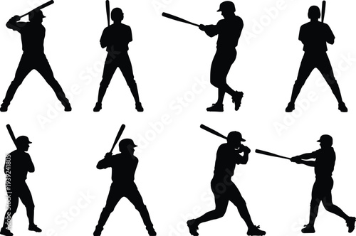 Group of eight black silhouette figures representing baseball players performing different actions like batting, pitching, and running, presented on a white background.