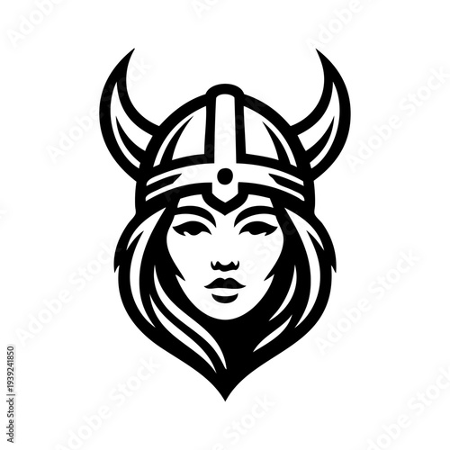 Logo valkiria nórdica. Icono con chica nórdica con casco bárbaro con cuernos