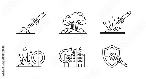 Set of icons representing military conflict and defense.