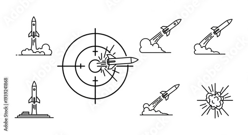 Rocket Launch and Target Hit Icon Set.