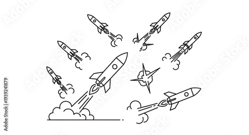 Multiple rockets launching into the sky with smoke trails.