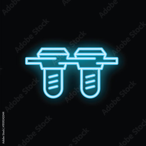 Blue glowing neon icon of water filters purifying drinking water