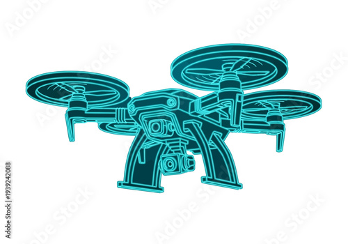 Glowing cyan drone line art for future aviation and robotics concept