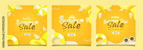 Happy Summer Sale Social Media greating card Set with Beach Elements