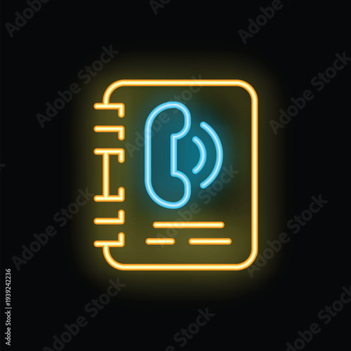 Bright neon phone book icon glowing on dark background representing communication