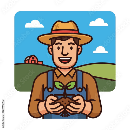 Farmer Holding Seedling in Cartoon Style.