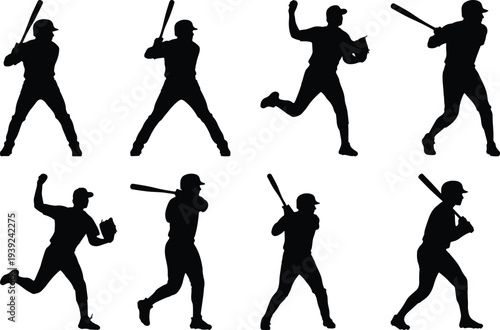 Collection of eight black silhouette vector illustrations depicting baseball players in various stances and actions, ready for the game.