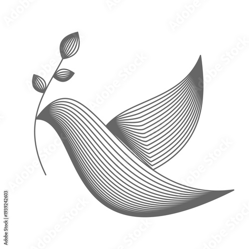Peace dove with olive branch line art. Abstract end war vector. Elegant bird silhouette created with flowing parallel lines in wireframe style. Ideal for peace, freedom and humanitarian themes.