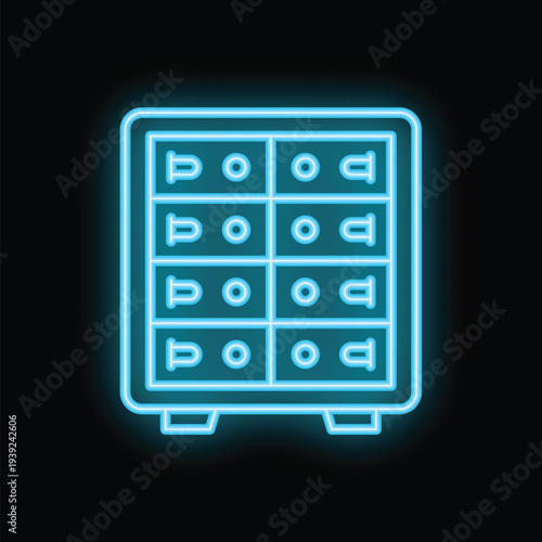 Bright blue neon locker room icon glowing on a dark background, illustrating secure storage for personal belongings