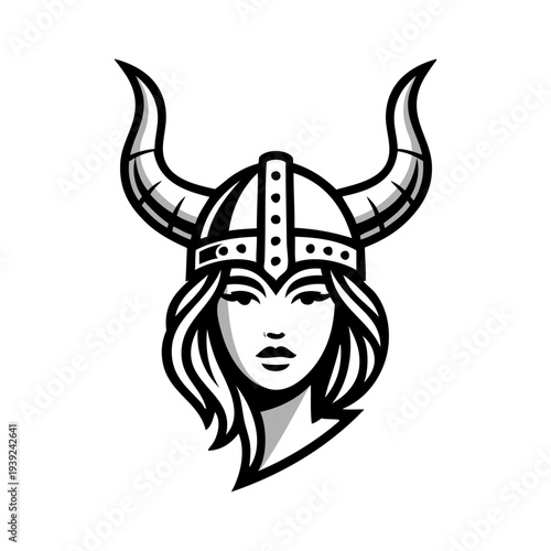 Logo valkiria nórdica. Icono con chica nórdica con casco bárbaro con cuernos