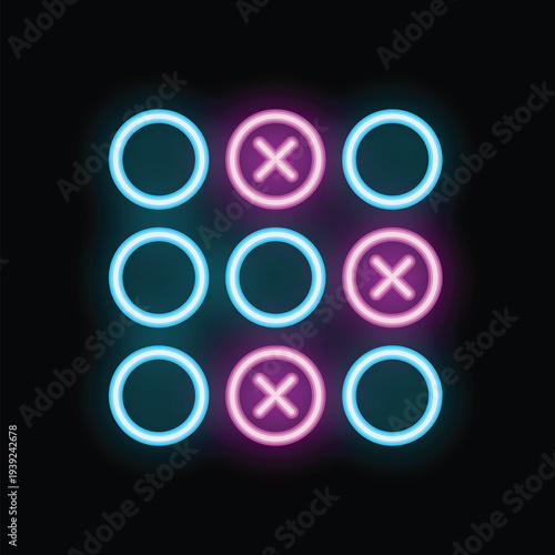 Neon sign illustration of the classic game tic tac toe with blue and pink neon lights