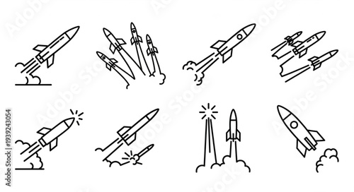 Collection of rocket launch icons in a simple line art style.