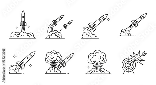 Rocket Launch and Explosion Icons Set.