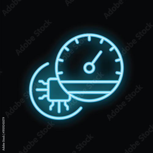 Glowing blue neon icon of processor speed test representing benchmarking and performance