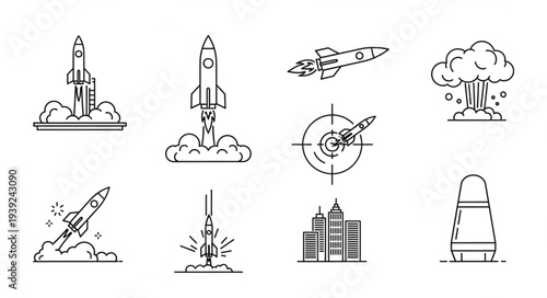 Rocket launch and space exploration icons set.
