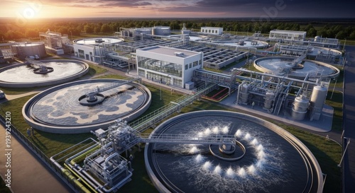 A large, modern wastewater treatment plant with multiple circular tanks and buildings, surrounded by greenery and a clear sky.