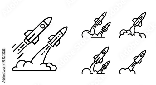 Set of rocket launch icons in a simple line art style.