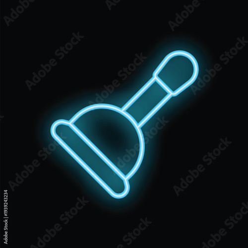 Blue neon sign of a plunger glowing on a black background