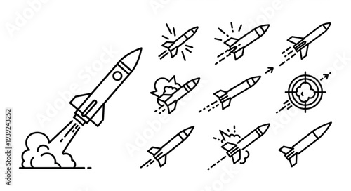 Rocket Ship Icon Set Launching And Flying.