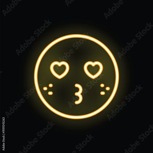 Yellow neon kissing face with heart eyes glowing on black background