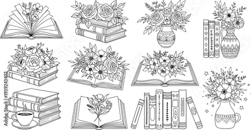 Set Of Aesthetic Hand Drawn Bookish Illustrations With Flowers Open Books Coffee Cup And Vases For Reading Lovers Literary Art