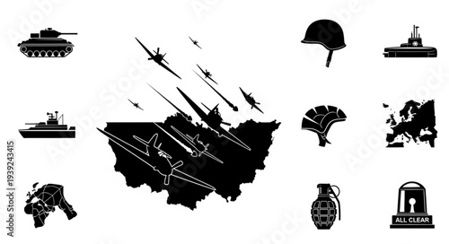 Military icons collection including tanks jets and weapons.