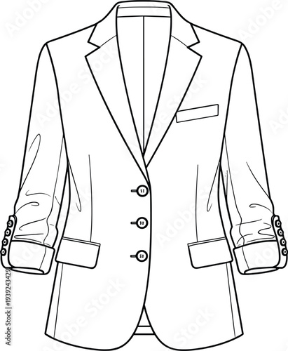 Women's Three Button Blazer Technical Sketch with Ruched Three Quarter Sleeves Notched Lapel and Flap Pockets Fashion Illustration Vector Template