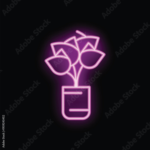 Bright purple neon sign depicting a plant with leaves growing in a pot, on a black background