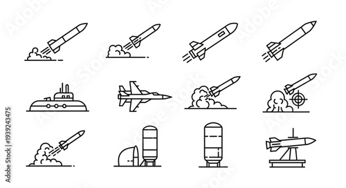 Collection of missile and military vehicle line art icons.